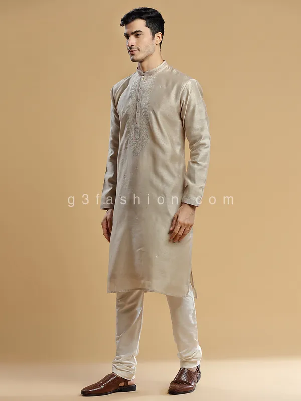 Festive look beige silk men kurta suit