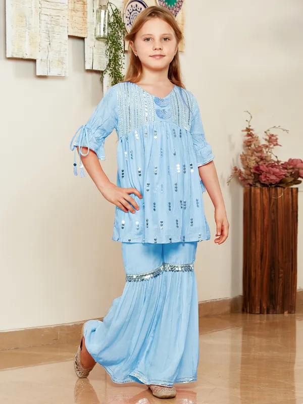 Festive look powder blue cotton sharara suit for girls