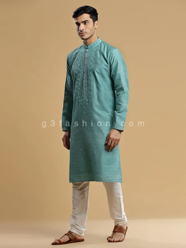 Festive look teal blue silk kurta suit
