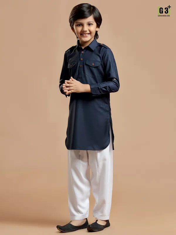 Festive navy plain cotton silk boys pathani suit