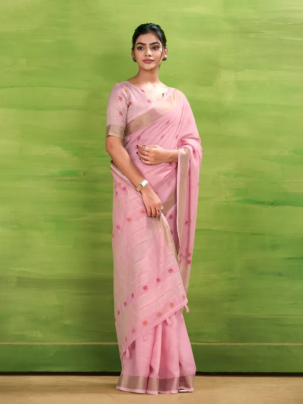 Festive pink linen silk zari saree