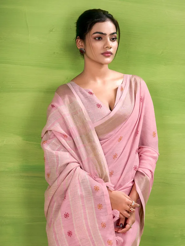 Festive pink linen silk zari saree