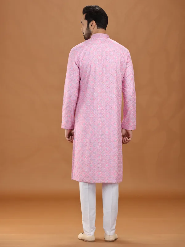 Festive pink viscose kurta suit for men