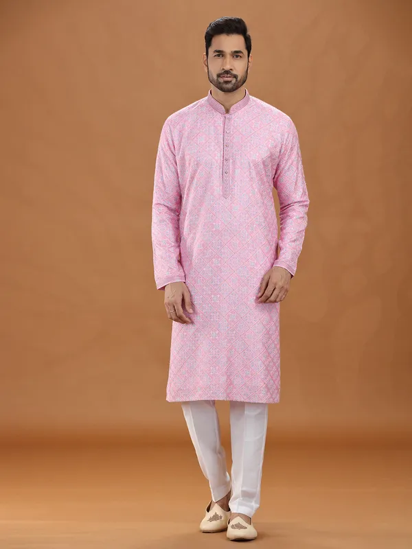 Festive pink viscose kurta suit for men