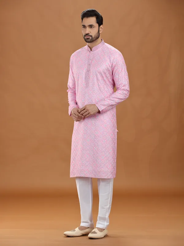 Festive pink viscose kurta suit for men