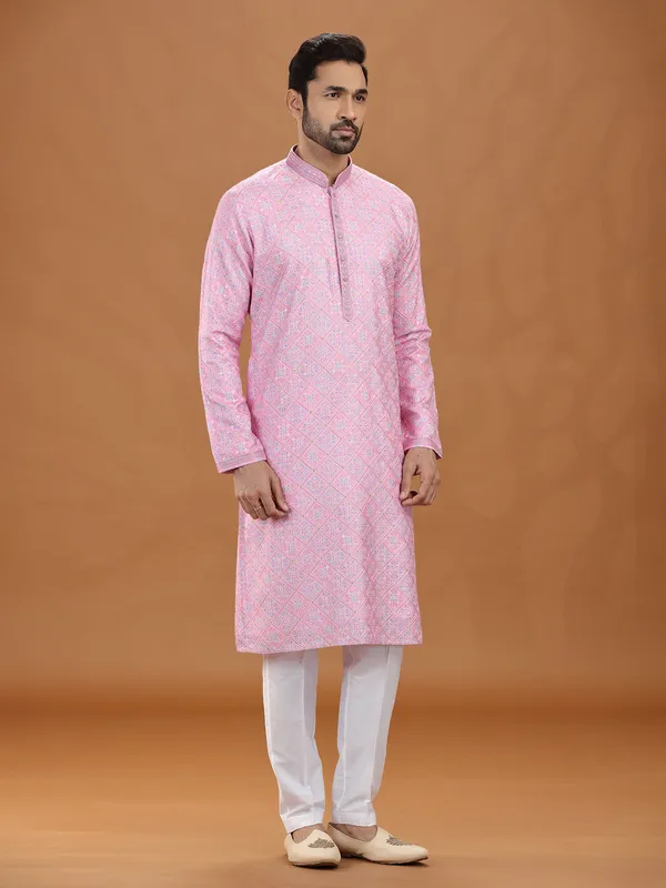 Festive pink viscose kurta suit for men