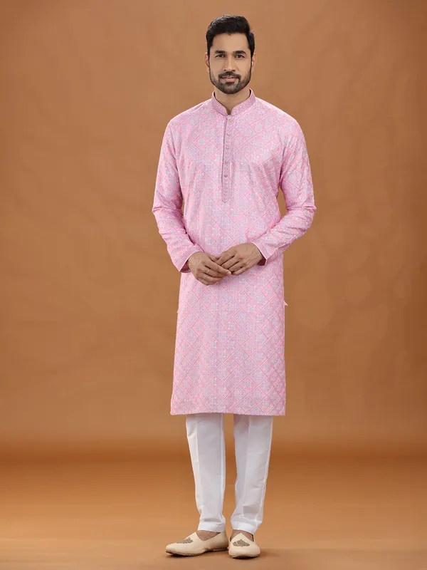 Festive pink viscose kurta suit for men