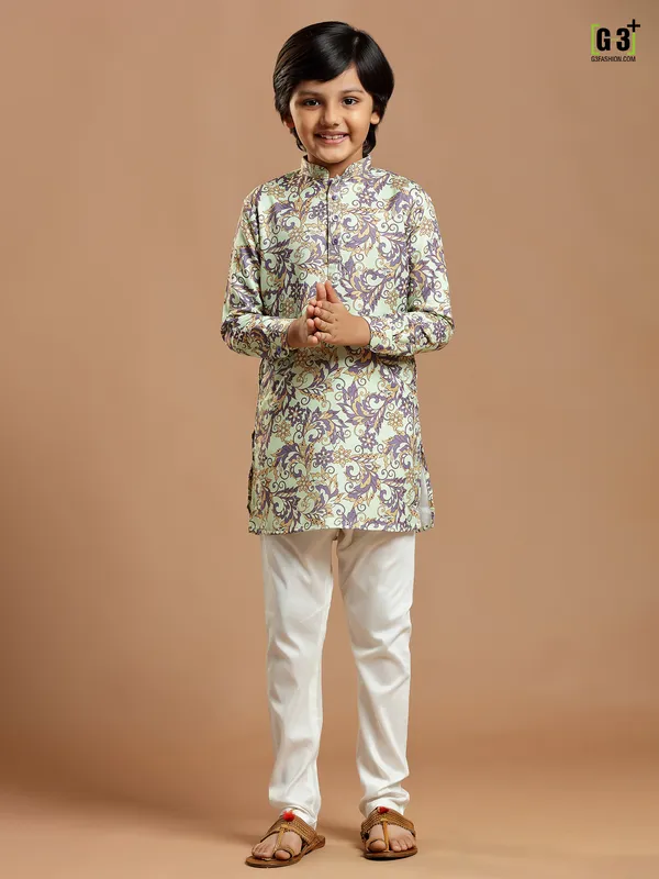 Festive pista green printed cotton silk boys kurta suit