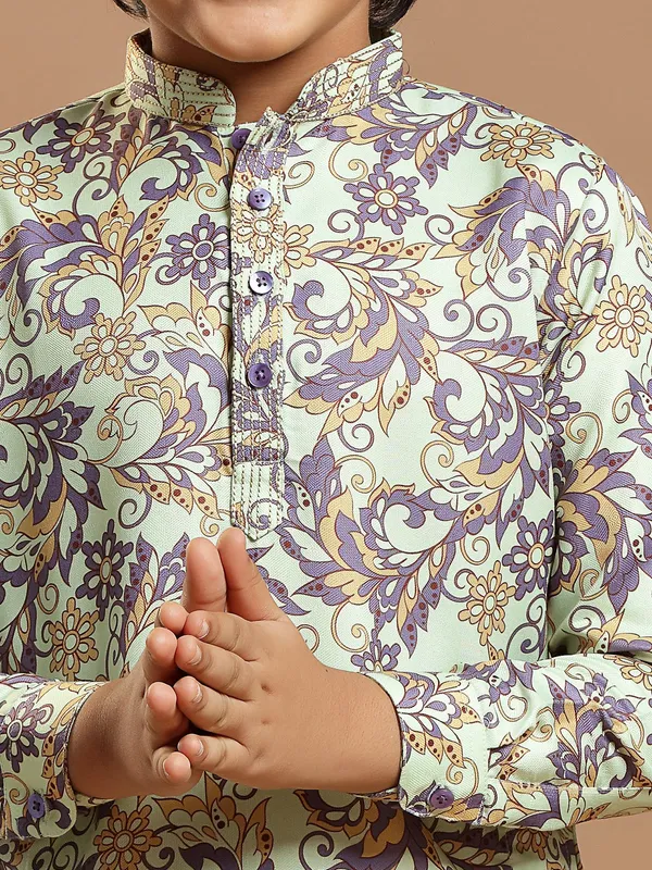 Festive pista green printed cotton silk boys kurta suit