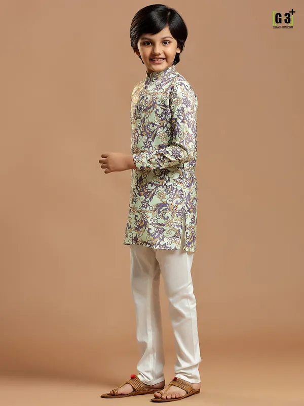 Festive pista green printed cotton silk boys kurta suit