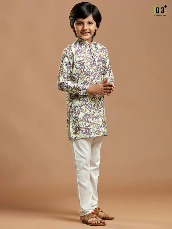 Festive pista green printed cotton silk boys kurta suit