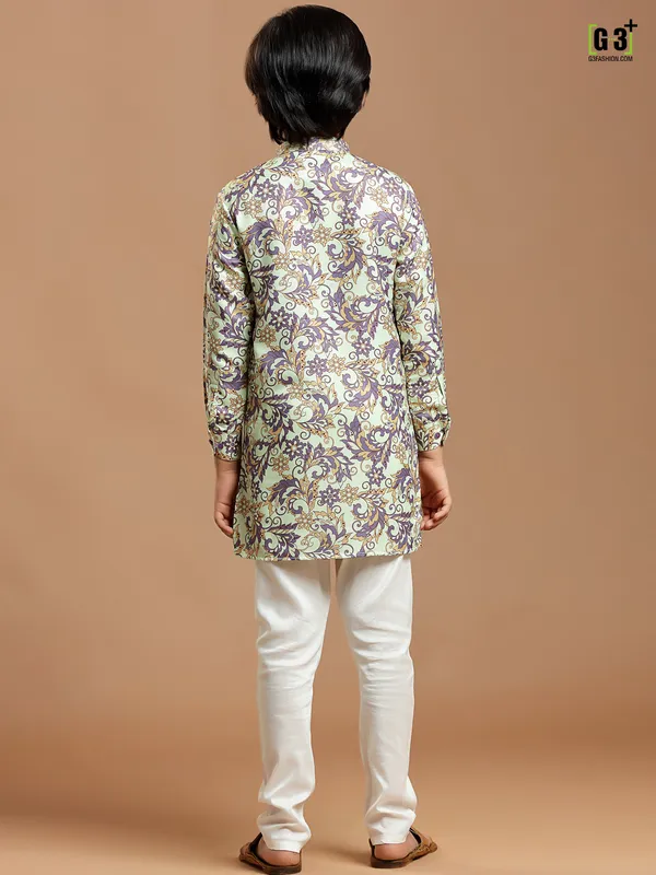 Festive pista green printed cotton silk boys kurta suit