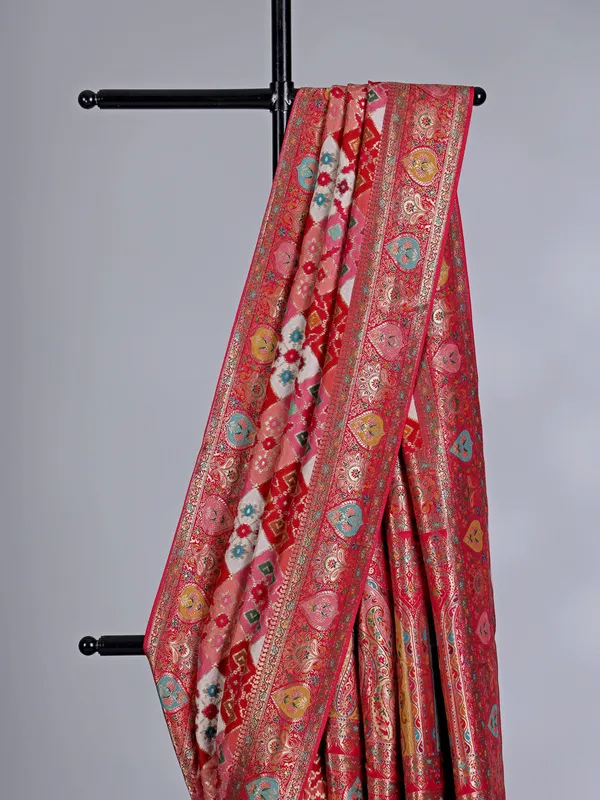 Festive red mashru silk saree with all over zari print