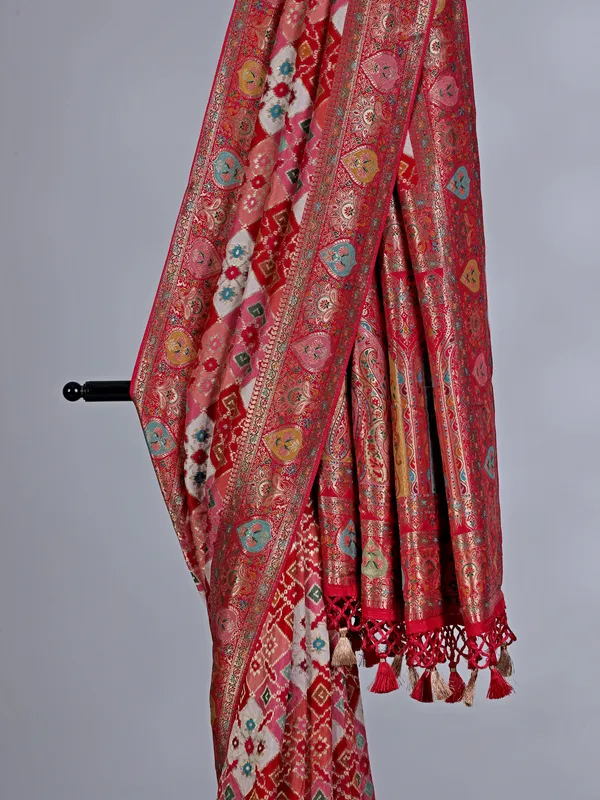 Festive red mashru silk saree with all over zari print