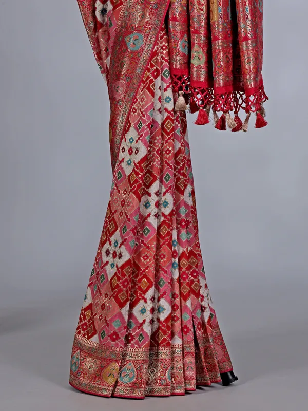 Festive red mashru silk saree with all over zari print