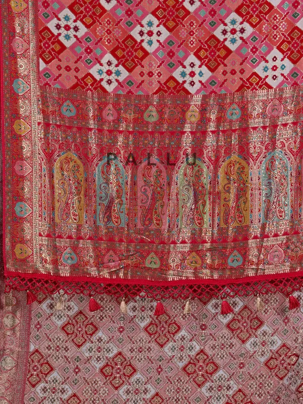 Festive red mashru silk saree with all over zari print
