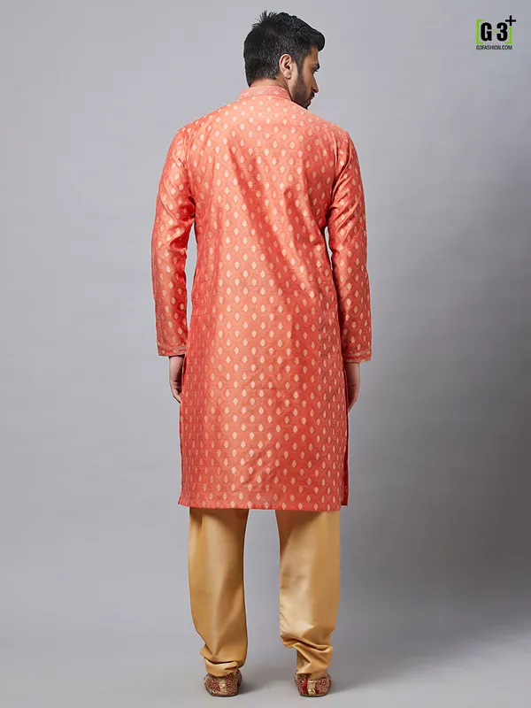 Festive rust orange cotton silk kurta for mens