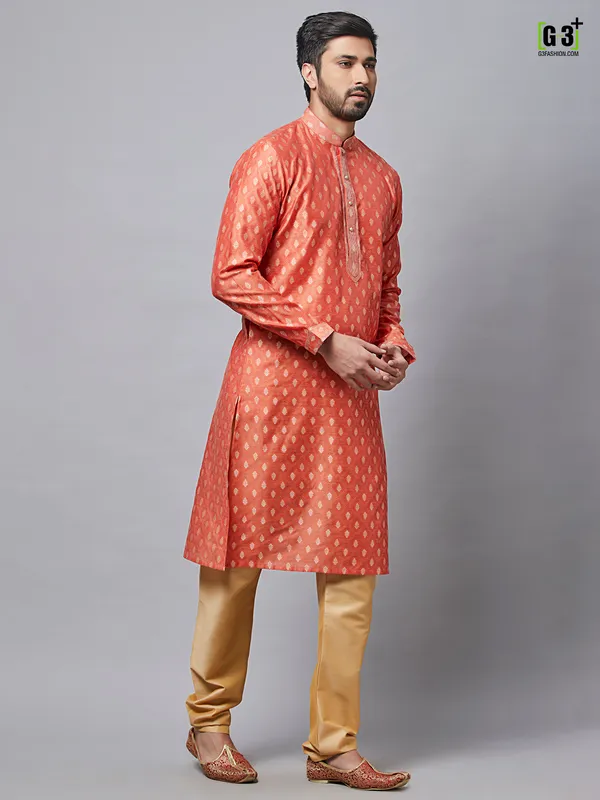 Festive rust orange cotton silk kurta for mens