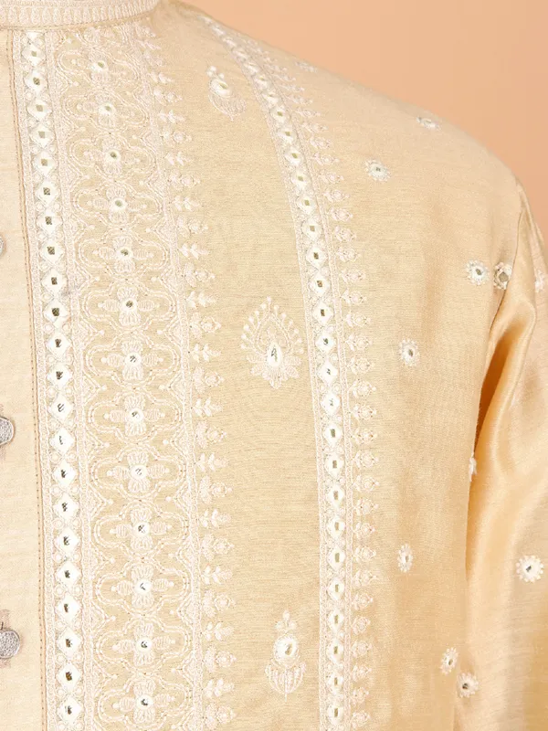 Festive style cream cotton silk kurta suit for men