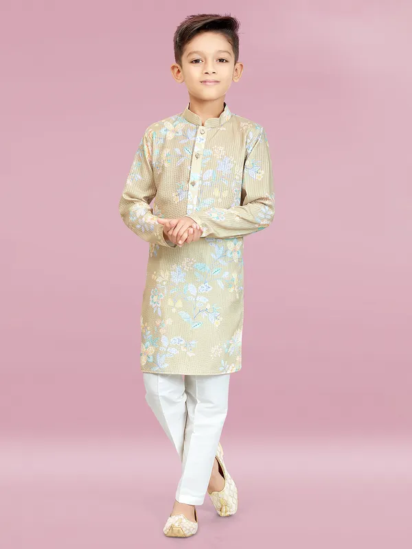Festive style light olive printed kurta suit