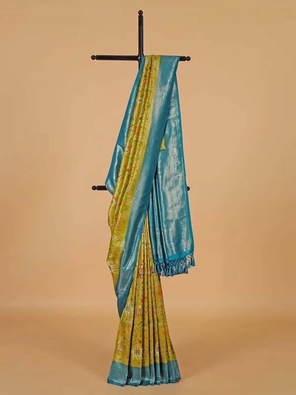 Festive style lime yellow silk saree