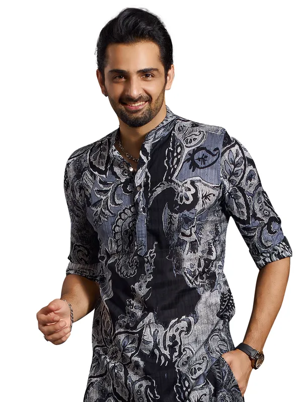 Festive style navy and black printed kurta