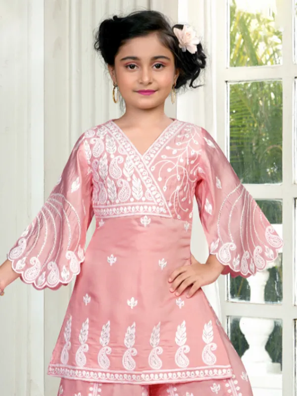 Festive style peach silk palazzo suit for girls