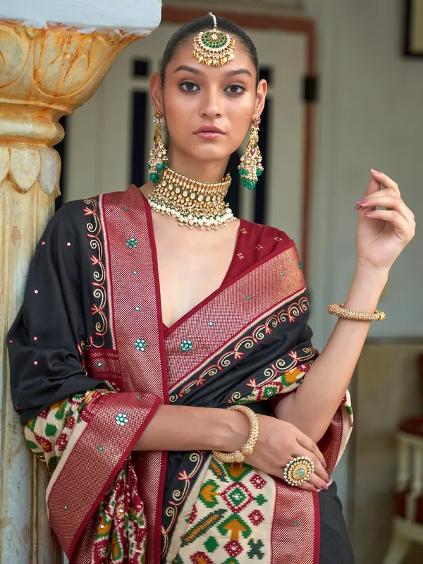 Festive wear balck silk printed saree