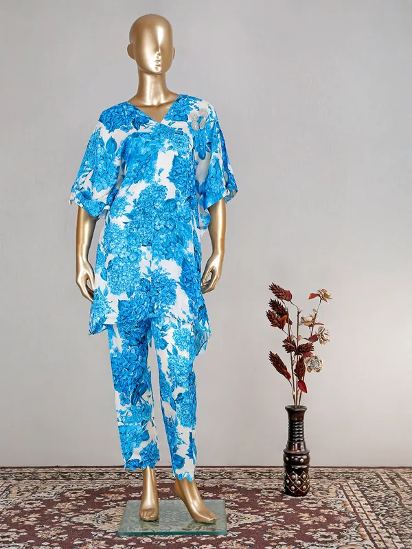 Festive wear blue kurti with pant in silk