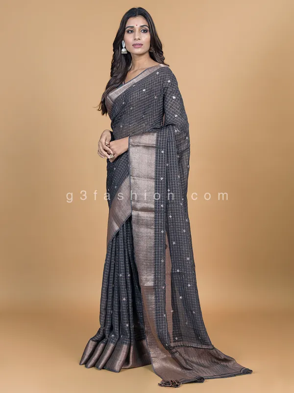 Festive wear charcoal grey organza saree