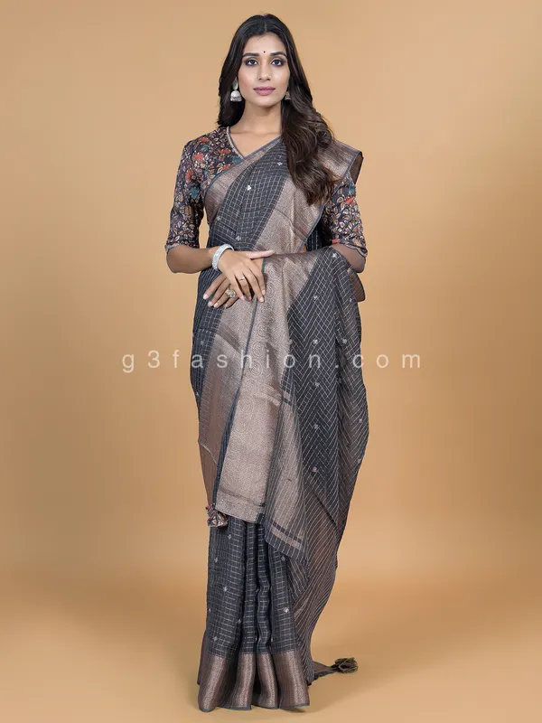 Festive wear charcoal grey organza saree