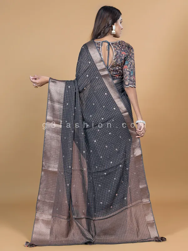 Festive wear charcoal grey organza saree