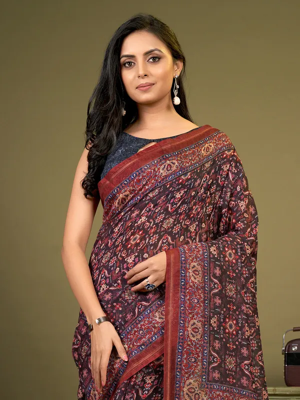 Festive wear cotton dark brown saree