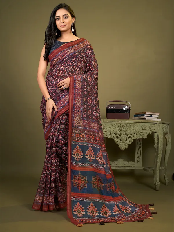 Festive wear cotton dark brown saree