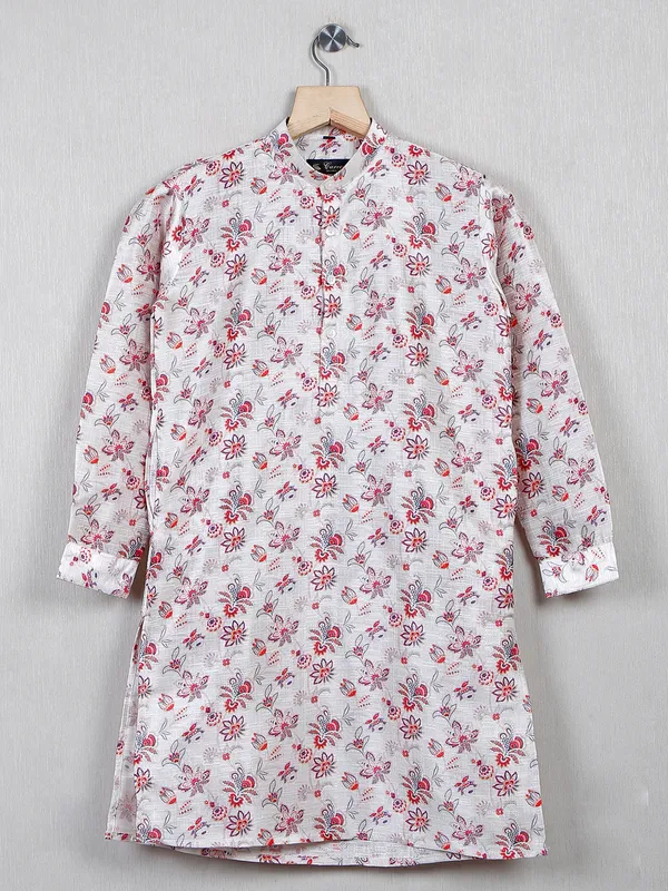 Festive wear cotton silk printed off white kurta suit