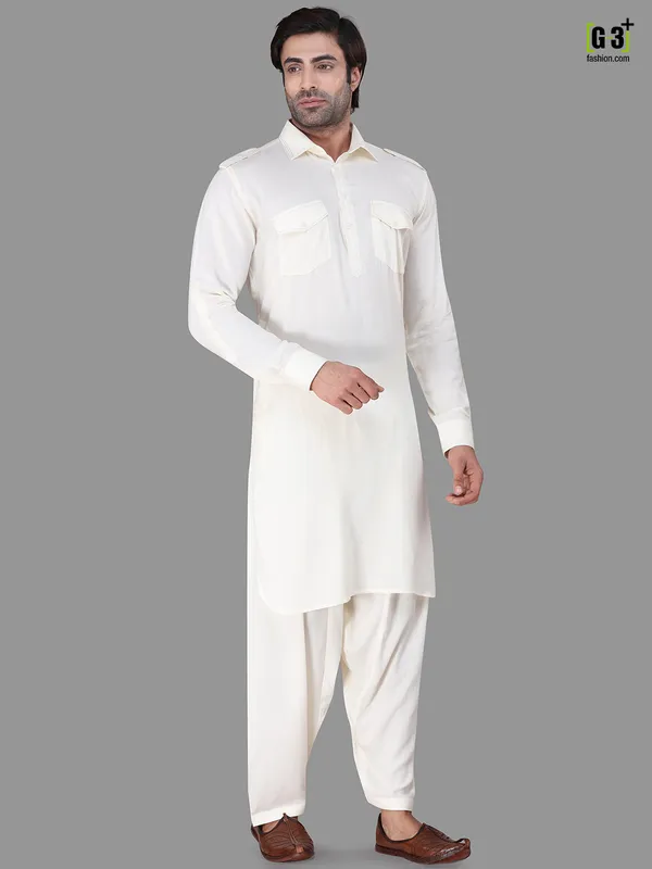 Festive wear cream collar rayon pathani suit
