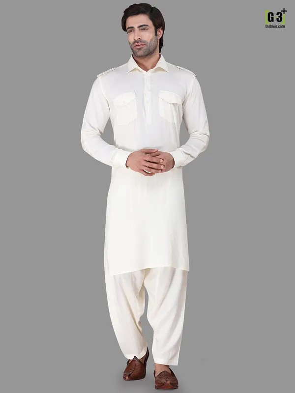 Festive wear cream collar rayon pathani suit