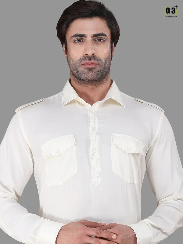 Festive wear cream collar rayon pathani suit