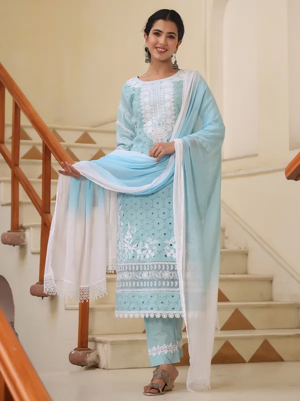 Festive wear light blue pant suit in chikan fabric