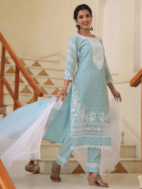 Festive wear light blue pant suit in chikan fabric