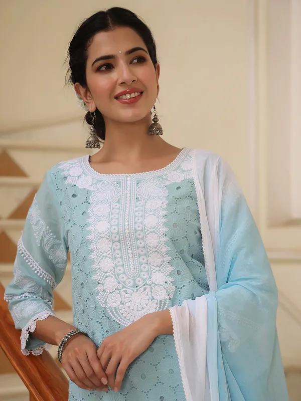 Festive wear light blue pant suit in chikan fabric