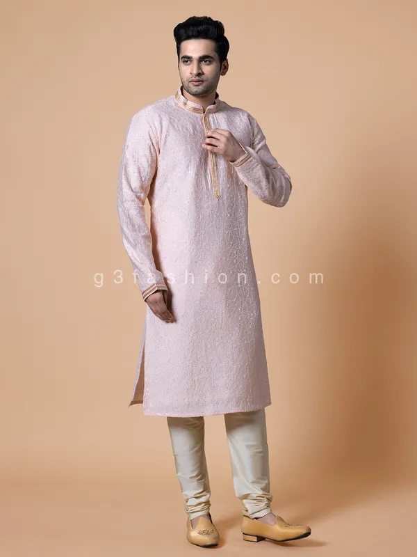 Festive wear light pink  Men Kurta pajama in silk