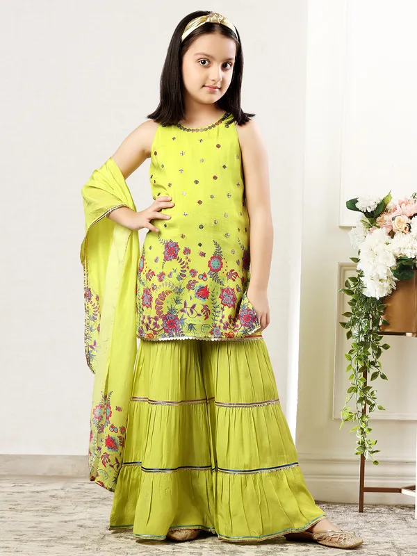 Festive wear lime green printed cotton silk sharara suit