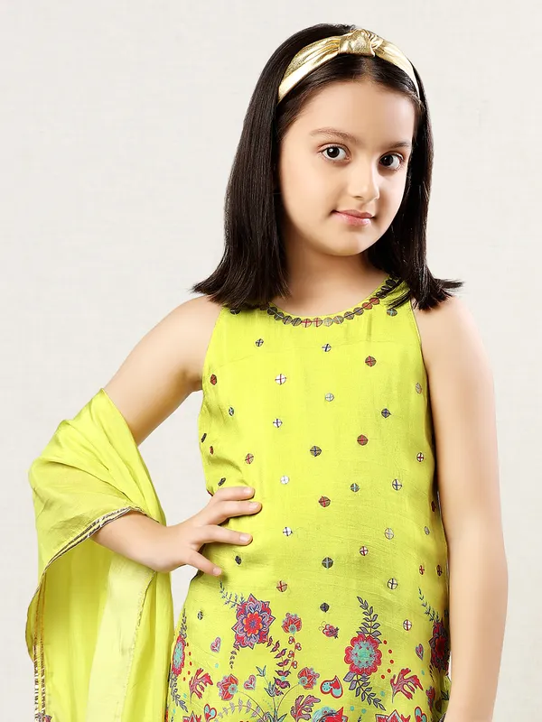 Festive wear lime green printed cotton silk sharara suit