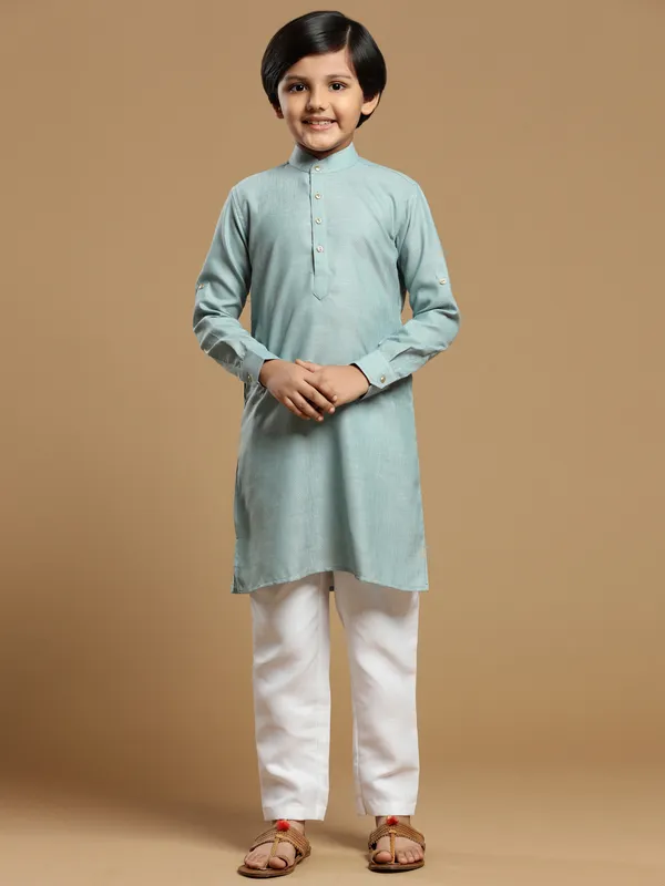 Festive wear mint green solid cotton boys kurta suit