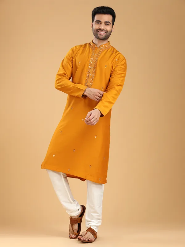 Festive wear mustard yellow silk  Men Kurta pajama