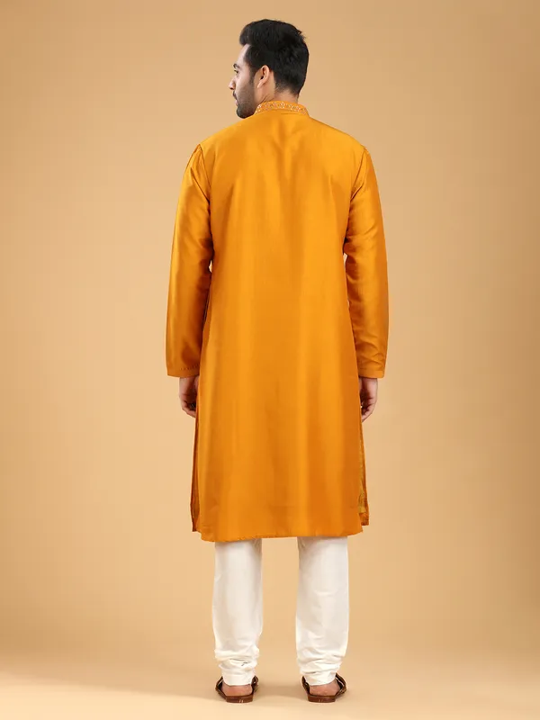 Festive wear mustard yellow silk  Men Kurta pajama