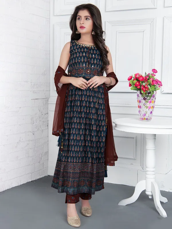 Festive wear navy printed georgette pant suit