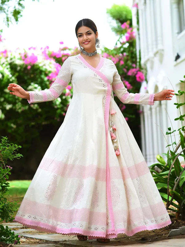 Festive wear off white anarakli style cotton kurti