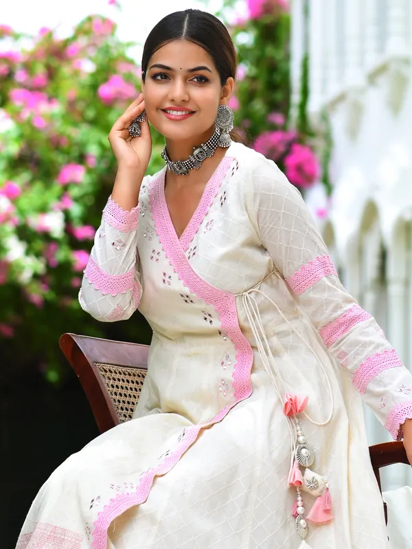 Festive wear off white anarakli style cotton kurti